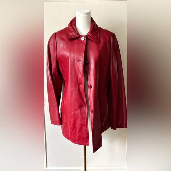 90s Vintage Cherry Red Leather Oversized Flattering Boxy Fit Button Front Jacket - Picture 8 of 16
